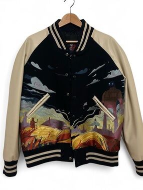 DERSCHUTZE Navy & Cream Embroidered Varsity Bomber Jacket